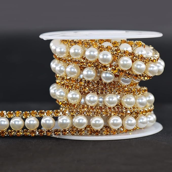 Jerler Gold Rhinestone Trim Applique 1 Yard 2 Rows Crystal Chain Banding Diamond Inlaid White Pearl Beaded Rhinestones for Crafts Clothing and Bridal Embellishments Wedding Ideas Christmas Decorations