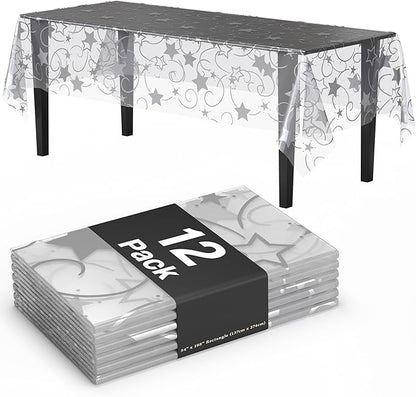 Exquisite Clear Silver Star Tablecloth Plastic 12-Pack Disposable Rectangle Tablecloths 54" x 108" Silver Star Table Cloths Rectangle Table Covers Plastic Tablecloth for Party Decorations