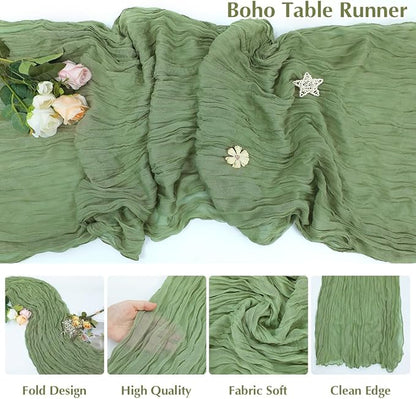 Olive Green Cheesecloth Table Runner -21*120Inch Long Boho Wedding Table Decor, Rustic Gauze Fabric Runner for Bridal Showers, Baby Showers & Parties (Sheer, Lightweight, Wrinkled Design)