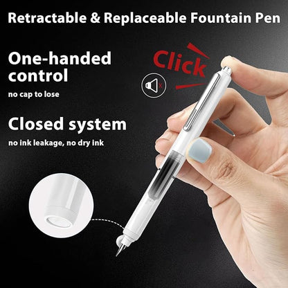 Retractable Fountain Pen Set, Click Fountain Pen Fine Nib, Capless Fountain Pen, Click-to-Write Pen with 5 Black Ink Cartridges, for Writing Journaling Sketching Drawing Calligraphy White