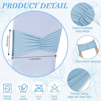 Moukeren 100 Pcs Spandex Chair Sashes Bows Bands Slider Sashes for Chair Covers Elastic Bands Ties Ribbon Decorations for Wedding Party Events Ceremony Birthday Banquet(Sky Blue)