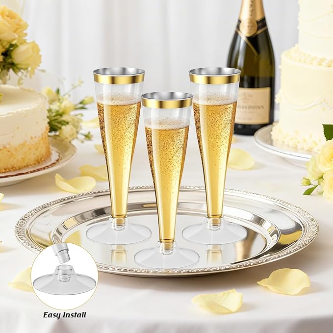 20 Pack Champagne Flutes Plastic Wine Glasses Disposable, 4.5 Oz Gold Rim Mimosa Glasses for 2025 Engagement Wedding Birthday New Years Eve Xmas Party Supplies, Bulk Toasting Cocktail Cups