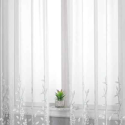 VISIONTEX White Sheer Voile Curtains, Decorative White Embossed Leaves Rod Pocket Window Drapes for Home Kitchen, Living Room and Bedroom 54 x 95 Inch, Set of 2 Curtain Panels