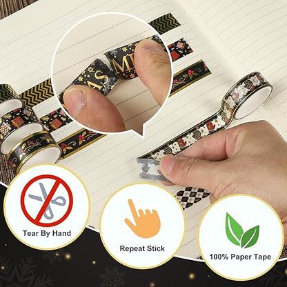 18 Rolls Christmas Washi Tape Holiday Masking Tape Black Christmas Wrapping Tape Glod Silver Foil Decorative Tape for Christmas Scrapbook Journal DIY Craft Gift Wrapping（Xmas Black