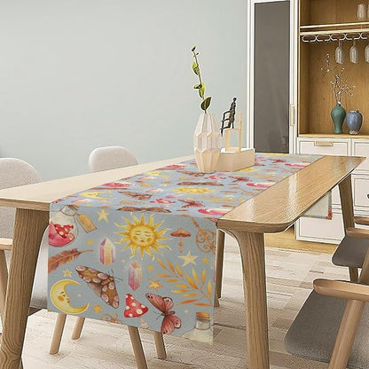 Boho Sun Moon Table Runner Mystical Rustic Butterfly Mushroom Star Table Runner for Kitchen Living Room Dinner Holiday 13x36 Inch