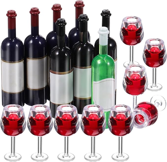 NUOBESTY Mini Bottles 18Pcs Dollhouse Champagne Set Miniature Red Wine Bottle Mini Cocktail Glasses Drink Cups for Dollhouse Decoration Mini Wine Bottles