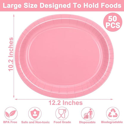 QZYL 50 Pcs Party Decorations, 12.2'' X 10.2'' Oval Large Paper Plates, Pink Disposable Paper Plates, Heavy Duty Paper Plates for Children's Birthday Party Wedding Picnic Baby Shower Barbecue Holiday