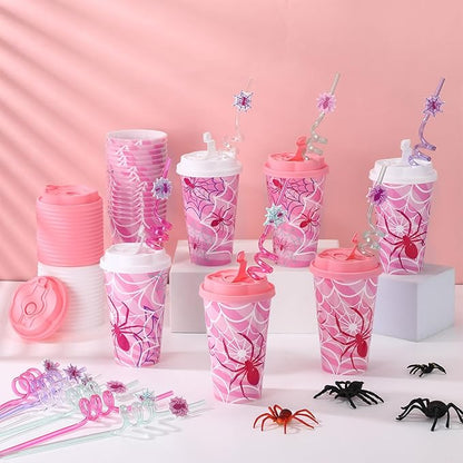 Yungyan 16 Sets Pink Spider Party Favors Goodie Cups with Lids and Straws for Halloween Party Decorations Reusable 16oz Plastic Candy Cups Plastic Straws for Birthday Gift (Pink Spider)