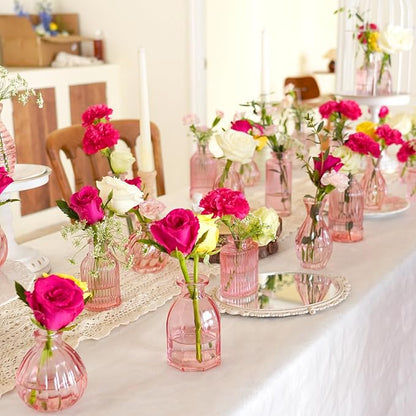 Pink Glass Bud Vases in Bulk 24, Pink Vase Small Vases for Flowers Modern Ribbed Glass Bud Vase for Decor Wedding Flower Vase Bulks Vintage Decor Bridal Shower Centerpieces Home Table Decoration