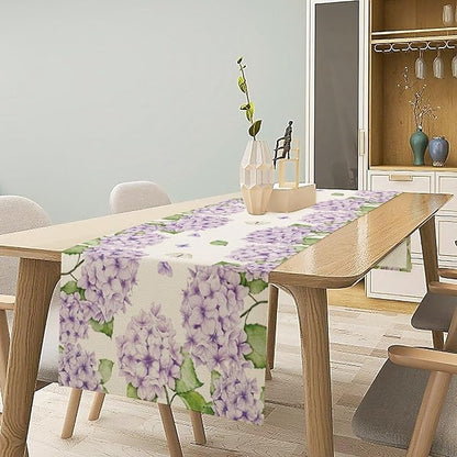 Watercolor Hydrangea Flower Table Runner, Spring Summer Seasonal Plants Butterfly Pink Lavender Dinner Runner for Home Kitchen Dining Table Party Holiday Decoration 13"x108"