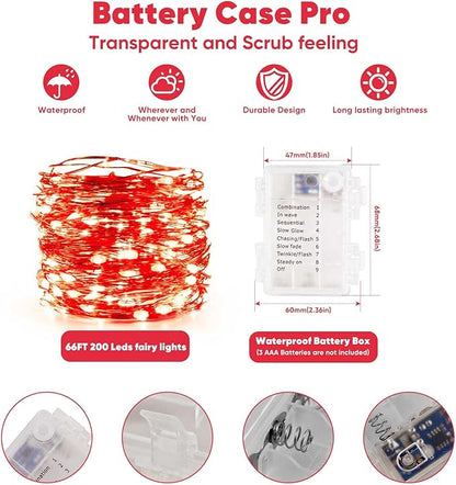 1 Pack 65.6 Ft. Battery Operated Outdoor String Lights with Remote & Timer, LED Red Fairy Lights, Waterproof Twinkle Lights for Bedroom, Dorm, Mason Jar, Wedding, Party, Christmas