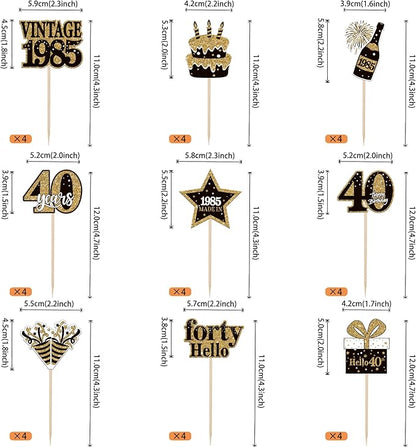 36PCS Happy 40th Birthday Cupcake Toppers Double Sided Black Gold Forty Hello 40 Vintage 1985 Cupcake Picks Cheers to 40 Years 40 Fabulous Cake Decorations for 40th Birthday Party Supplies