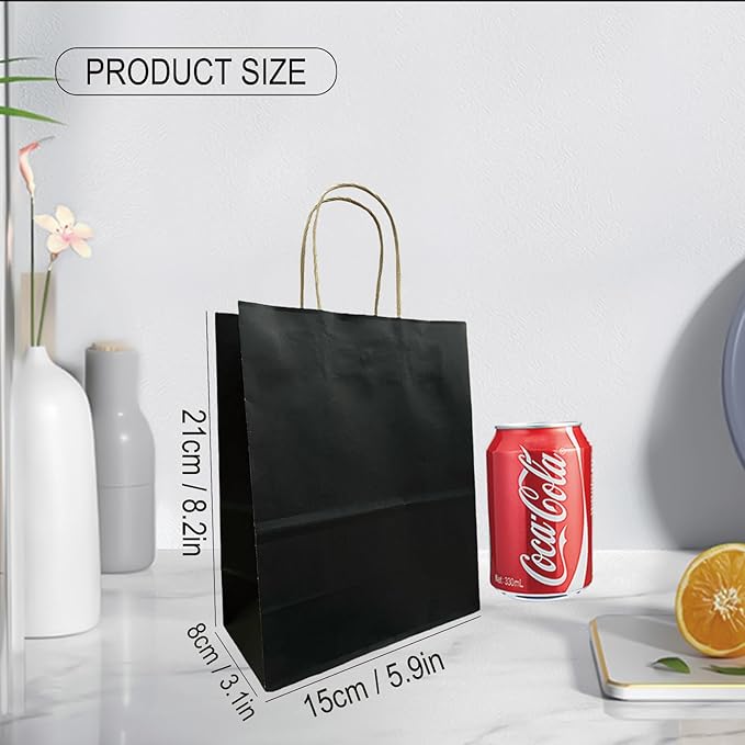 BAG BOX 50 Pack Small 5.9x3.1x8.25 Inch Black Kraft Paper Gift Bags with Handles for Bulk Shopping, Retail, Craft, Party Favors, Wedding, Grocery & Sacks