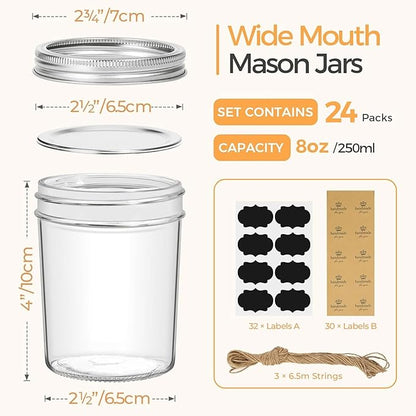 ComSaf Small Mason Jars 8 oz, 24Pcs Regular Mouth Canning Jars, 8 ounce Glass Jar with Lid for Jams, Sauces, Jellies, Spices, Self-Made Gift, DIY Candles Decor, Wedding & Baby Shower Favors