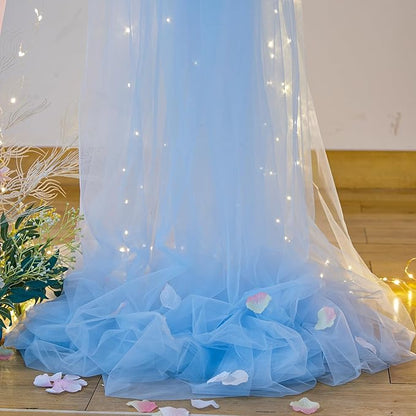 20x8ft Baby Blue Tulle Backdrop Curtains with Lights for Party Wedding Baby Shower, Sheer Drape Backdrop Curtains for Birthday Party Photo Booth Background Decoration