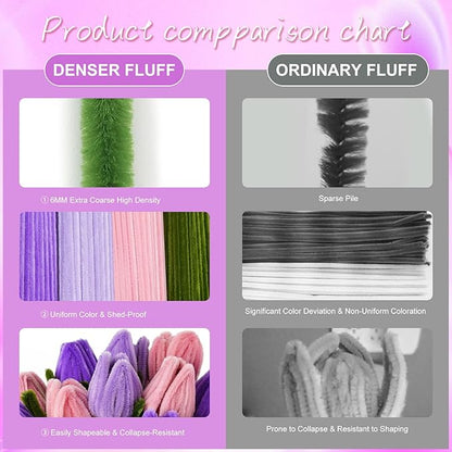 400 Pcs Chenille Stems Flowers Craft Kit,4 Colors Soft Pipe Cleaners Bulk for DIY Floral Arrangements with Floral Wires, Gardening Tape,Hot Glue Stick,Greeting Card,Bouquet Paper, Stamen & Ribbon
