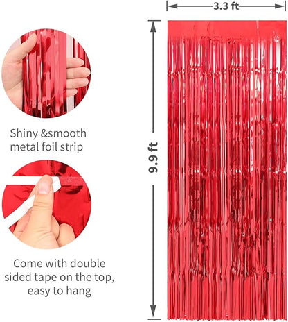 Crosize 4 Pack 3.3 x 9.9 ft Red Foil Fringe Curtains Party Decorations, Red Tinsel Curtain Backdrop for Parties, Door Streamers, Glitter Streamer Fringe Backdrop for Birthday Decoration