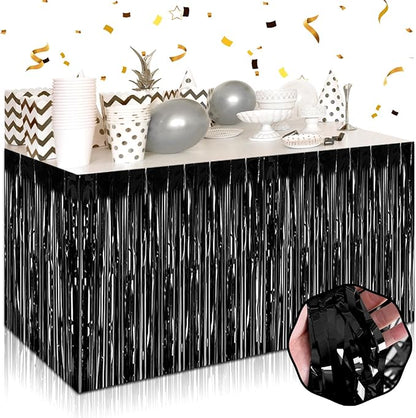 3 Pack 29 x108 Inch Black Foil Fringe Table Skirts Metallic Banner for Tinsel Streamer Garland Backdrop for Parade Floats Wedding Thanksgiving Birthday Christmas Halloween New Year Party Decoration