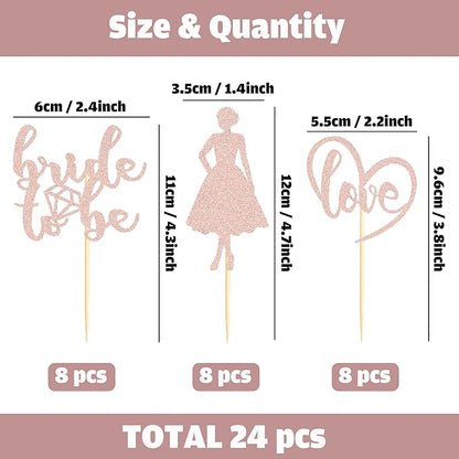 Sotpot 24PCS Bride to Be Cupcake Toppers with Heart Rose Gold Glitter Dress Bridal Shower Cupcake Picks for Wedding Bridal Shower Wedding Engagement Party Cake Decorations