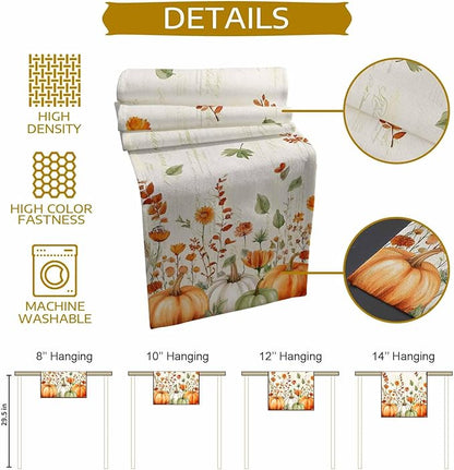 Fall Wildflowers Cotton Linen Table Runner for Dining Kitchen, Thanksgiving Pumpkin Outdoor Party Rustic Tablerunners Decoration,Botanical Floral Vintage Dresser Scarf Tablecloth Runners 13x120 Inches