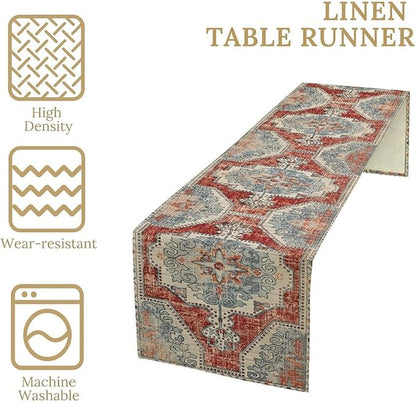 Boho Floral Vintage Table Runner, Retro Blue Red Flower Rustic Country Farmhouse Abstract Pattern for Home Kitchen Table Decor Dining Coffee Room Party Decor 13x60in