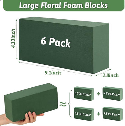 MAPVOLUT 6 Pack Green Floral Foam Blocks (9.1"x4.1"x2.8") + 2 Rolls Waterproof Floral Tape | Wet & Dry Flower Arrangement Foam for Fresh/Silk Flowers, DIY Crafts, Weddings, Centerpieces