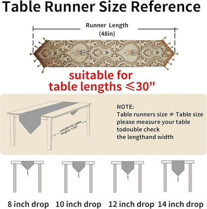 Luxury Vintage Design Table Runner 48 inches Long Embroidery Jacquard Fabric with Multi-Tassels Table Runners for Dining Room Dresser Wedding Holiday Party Fireplace Decorations (Coffee, 12X48inch)