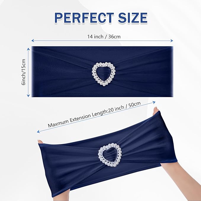 Howhic Pack of 120 Spandex Chair Sashes Bows Stretch Chair Cover Band with Buckle Slider Universal Elastic Chair Ties for Wedding Banquet Party Event Decoration (Navy)