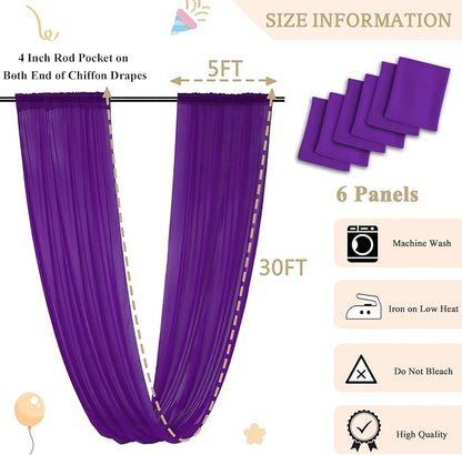 MODFUNS Purple Ceiling Drapes for Weddings Arch Drapery Fabric 6 Panels 5x30ft Chiffon Sheer Fabric Draping Tulle Wedding Curtain Drapes Ceiling Panels for Holiday Birthday Ceiling Supplies