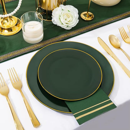 NOCCUR 350PCS Green Plastic Plates - Disposable Green Gold Dinnerware Set for 50 Guests, 100 Dinner/Dessert Plates, 150 Gold Silverware, 50 Cups&50 Napkins for Party/Wedding/Birthday/Christmas