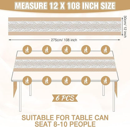 Xinnun 6 Pcs Burlap Table Runner with Lights 12 x 108 Inches Burlap Lace Table Runner Rustic Wedding Decorations Home Party (Flower)