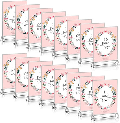 16 Pack 4x6 Clear Acrylic Sign Holders with Silver Borders and Vertical Stand, Double Sided Display Acrylic Table Number Holder for Desktop Table Menu, Wedding, Party, Restaurant