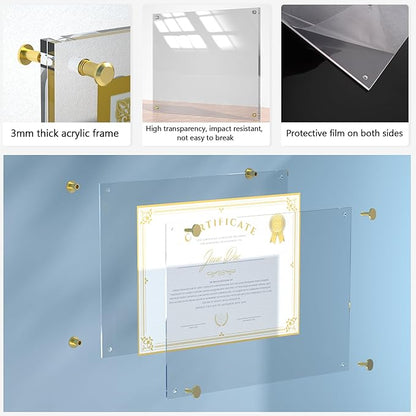 Acrylic Picture Frame for Wall, Clear Diploma Frame, No Drill Floating Frameless Photo Frame for Diploma Certificate Degree Document & Artworks Display, Graduation Gift for Students (1 Pack, 8.5X11 Straight edge)