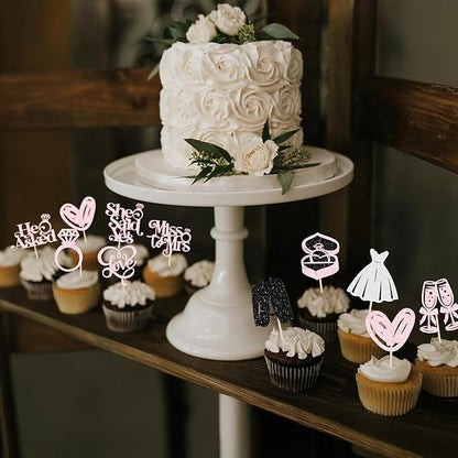 Gyufise 30Pcs She Said Yes Cupcake Toppers Glitter Diamond Ring I Do Love Cupcake Picks Miss to Mrs He Asked Bridal Shower Wedding Engagement Bachelorette Cake Decoration Light Pink
