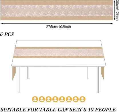 Xinnun 6 Pcs Burlap Table Runner with Lights 12 x 108 Inches Burlap Lace Table Runner Rustic Wedding Decorations Home Party (Vine)