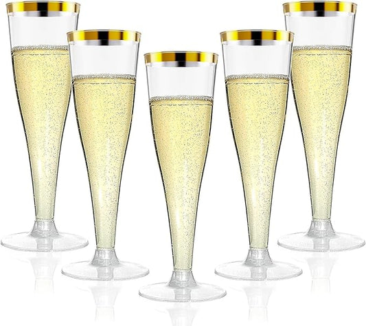 100 Pack Champagne Flutes Plastic Wine Glasses Disposable, 4.5 Oz Gold Rim Mimosa Glasses for 2025 Engagement Wedding Birthday New Years Eve Xmas Party Supplies, Bulk Toasting Cocktail Cups