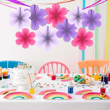 SUNBEAUTY Flower Party Decorations Paper Fans Classroom Decoration Paper Floral Backdrop Decor Paper Fans Decoration Hanging Paper Fans Purple Flower Wall Decor,Set of 9