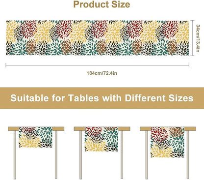 Green Red Dahlia Flower Table Runner Chrysanthemum Geometric Kitchen Dining Bedroom Living Room Table Decor for Indoor Outdoor Home Party, 13x90 Inch