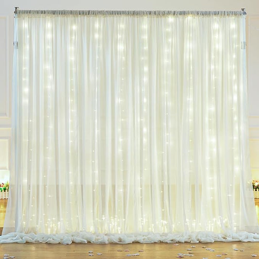 10ft x 10ft Ivory Backdrop Curtain with Lights for Baby Shower, Sheer Backdrop Curtains with Lights for Wedding, Chiffon Light Curtain Backdrops for Birthday Parties Photo Shoot (5x10ft,2 Panels)