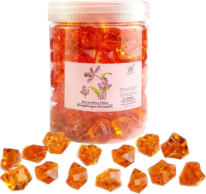 HappyFiller Fall Harvest Decor Orange Fake Ice Rocks Acrylic Chunks,Pirate Treasure Gems Stone,Vase Fillers,Resin Arts Crafts,Faux Crystal Dazzler,Centerpieces,Table Scatter,Home Decoration,14 OZ