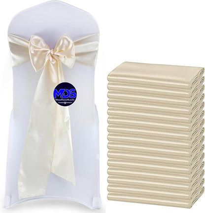 MDS Pack of 50 PCS Satin Chair Sashes Charmeuse Sateen Dining Chair Bows Ribbon Ties Back Sash for Wedding Party Birthday Home Hotel Restaurant Banquet Decoration (7 x 108 Inch, Cream)