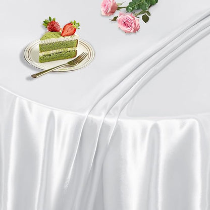 KKJIAF 1 Pack 108 Inch Round Table Cloth, White Overlay Round Satin Table Cover, Silky Satin Dining Tablecloths for Wedding Buffet Parties Banquet Decoration