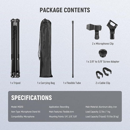 NEEWER Microphone Stand with Flexible Arm, Boom Arm Mic Floor Tripod Mount Holder with Mic Clips, 3/8" to 5/8" Adapter, Cable Clips for Singing Vlogging Live Streaming Video Recording, MS010