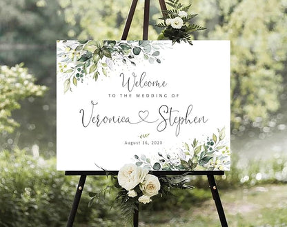 Welcome Wedding Signs, Minimalist White Floral Wedding Sign Decorations Signage 12" X 18" (Small), 27" (Medium), 36" (Large), Plastic, Modern, Pole Mount, Weather