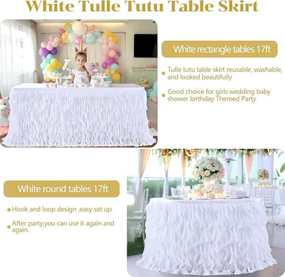 Partisky White Tulle Curly Willow Table Skirt for Rectangle Table 17ft, Ruffle Tutu Table Cloth for Wedding,Bridal Shower, Baby Shower,Birthday Party