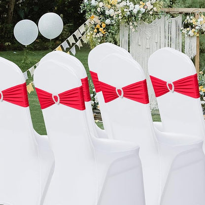 Howhic Pack of 30 Spandex Chair Sashes Bows Stretch Chair Cover Band with Buckle Slider Universal Elastic Chair Ties for Wedding Banquet Party Event Decoration (Ruby)