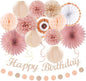 Blush-Pink Rose-Gold Fall Birthday Party-Decorations - 21pcs Boho Happy Banner Sign,Women Paper Lanterns Honeycomb,One Sweet Peach Streamers Garland,Girl Tissue Pom Poms Flowers Fans Decor Burgleda