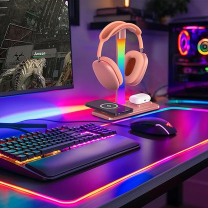 Headphone Stand with Wireless Charger,Gaming HeadsetStand with RGB Light Mode,Airpod MaxStand Compatible with Airpod Pro/3/2,iPhone 16/15/14/13/12/11,Samsung,Gifts for Gamers & Music Lover (Gold)