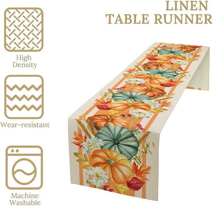 Autumn Table Runner,Orange Pumpkin Flowers Leaves Fall Table Runners Seasonal Kitchen Dining Table Decor for Thanksgiving Harvest Home Holiday Party 13x36 Inch