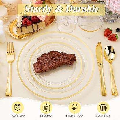 100PCS Clear Gold Plastic Plates Set, 50 10.25 inch Dinner Plates and 50 7.5 inch Dessert Plates, Disposable Plates for Party, Wedding